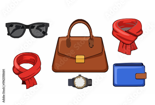 Collection of isolated accessory icons vector set with stylish fashion and personal items illustrations
