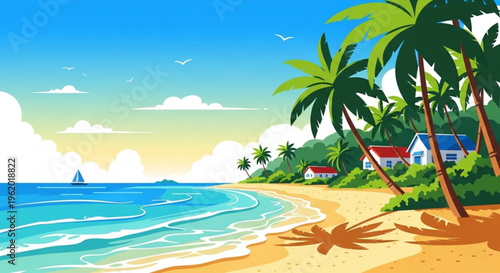 Tropical beach scene with palm trees sandy shore and blue ocean waves on a sunny day with white clouds