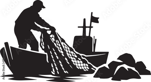  silhouette of fisherman net haul boat rock 