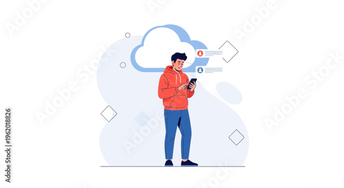 Man using smartphone with cloud and data icons, concept of cloud computing and connectivity