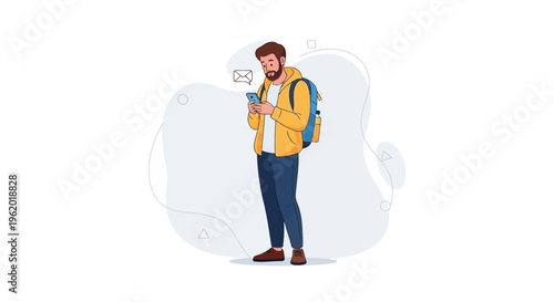 Man with backpack checking smartphone with message icon, modern flat illustration