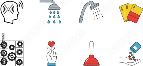 Mixed icon set with communication, shower, cards, gears, love gesture, plunger and medicine, vector illustration for lifestyle, utility and everyday concept design