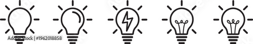 Light bulb icon set, idea and inspiration symbols, creative thinking innovation solution concept, energy insight business brainstorming startup visuals