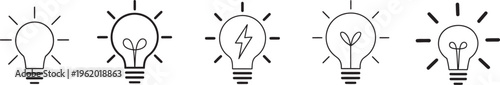 Light bulb icon set, idea and inspiration symbols, creative thinking innovation solution concept, energy insight business brainstorming startup visuals