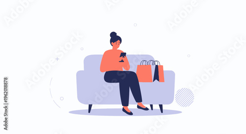 Woman Sitting on Sofa with Shopping Bags and Smartphone, Online Shopping Concept