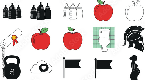 Mixed icons collection with baby bottles, apples, diploma, toilet, kettlebell, flags and pregnancy symbol, vector illustration for lifestyle, health and everyday design projects