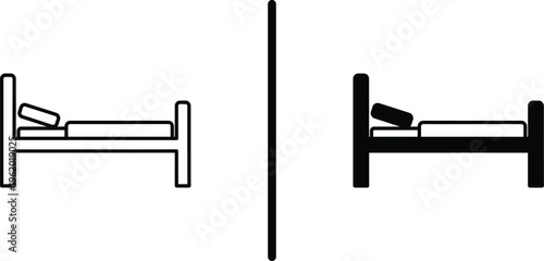 A simple line drawing of a bed with a pillow and blanket