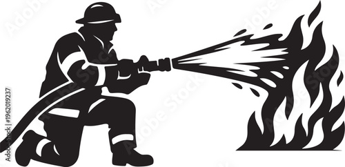 silhouette of firefighter hose blast flames 