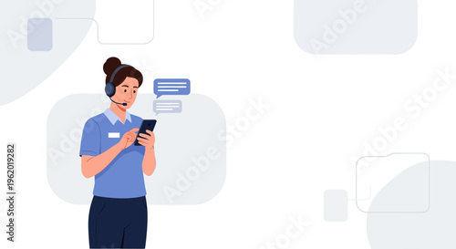 Customer service agent with headset texting on smartphone, communication concept