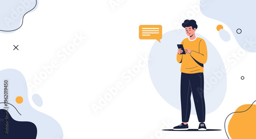 Young man in yellow shirt using smartphone with chat bubble, abstract background