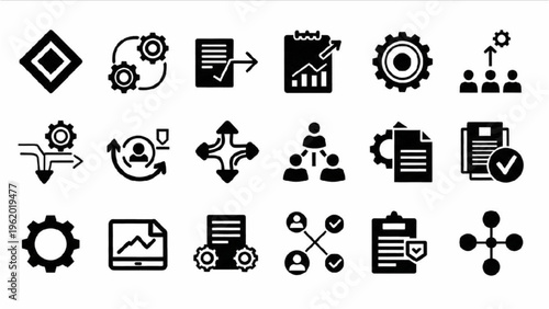 Vector icon sheet featuring business and technology symbols.