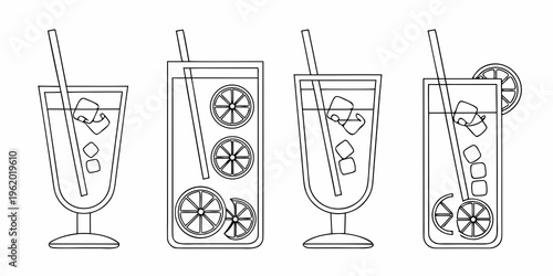 Line art illustration of four different refreshing drinks in tall glasses