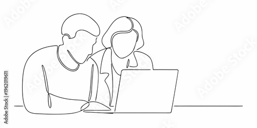 Continuous line drawing of a couple using a laptop together
