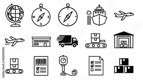 Vector icon sheet illustrating global logistics with various transportation modes