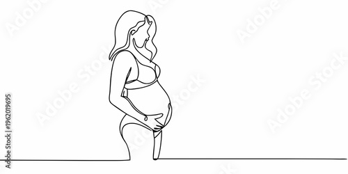 Continuous line drawing of a pregnant woman gently cradling her belly