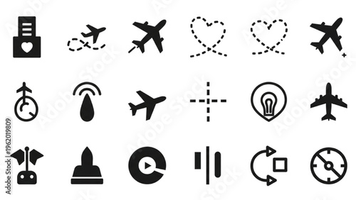 Vector icon sheet featuring various travel and transportation symbols