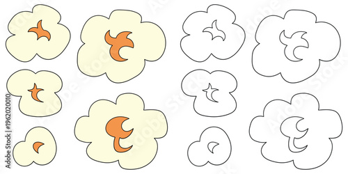 Hand-drawn cartoon and doodle set of popcorn on a white background.