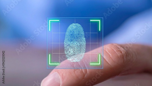 Finger pressing digital fingerprint scanner biometric security verification interface