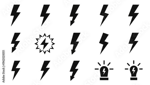 Vector Icon Sheet of Various Lightning Bolt Symbols and Icons
