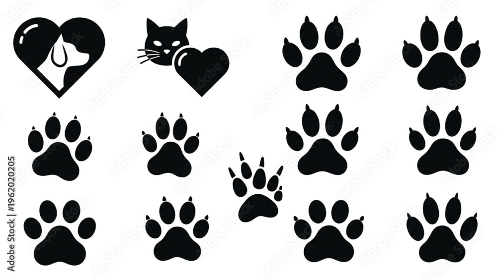 Fototapeta premium Vector Icon Sheet of Various Animal Paw Prints and Hearts