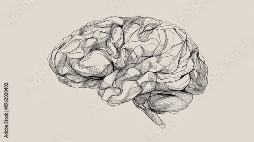 Brain illustration created with lines showing the surface details of the brain's structure over a plain background