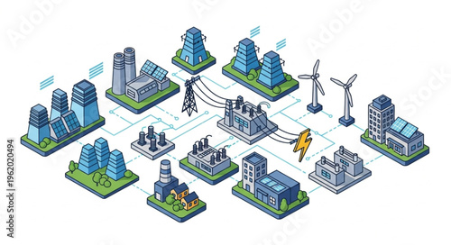 Isometric Illustration of a Smart Citys Energy Infrastructure Network.