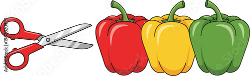 Red scissors and colorful bell peppers collection, fresh vegetable vector illustration for cooking, kitchen, healthy food and grocery design projects