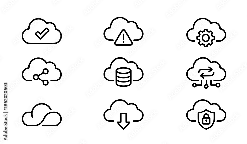 Fototapeta premium Modern cloud computing outline icons collection with storage network and data symbols black and white vector