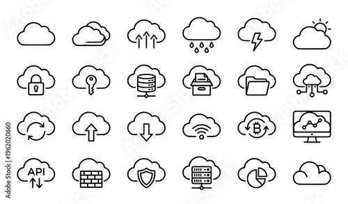 Minimal cloud icons set with computing storage network and data symbols simple black and white vector