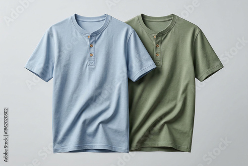 Realistic t-shirt mockup set in two different colors olive green and light blue mens short sleeve shirt available against white background