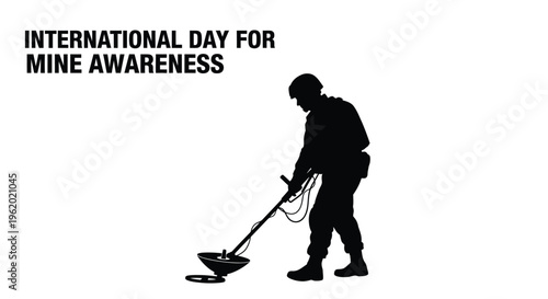 Vector graphic illustration depicting a soldier silhouette using a metal detector for mine awareness awareness day event
