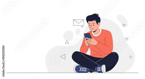 Young man sitting cross-legged, using a smartphone, with an email notification icon.