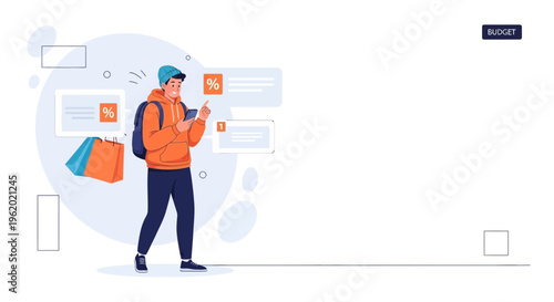 Young man with shopping bags and phone, receiving discount notifications