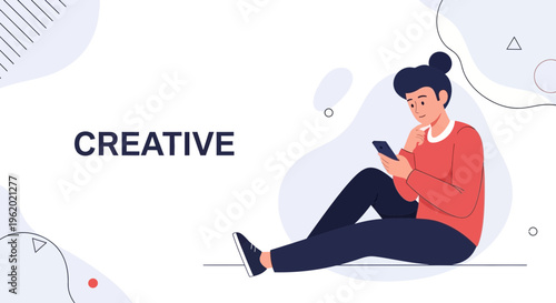 Creative woman using smartphone, modern abstract background, minimalist design