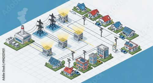 Isometric Illustration of Power Grid Connecting Homes and Industry.