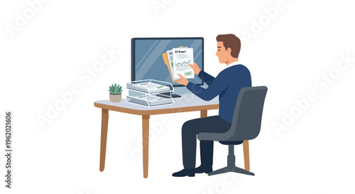 Businessman multitasking with laptop and smartphone at desk