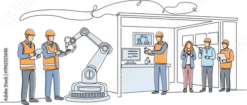 industrial robot arm and workers in factory