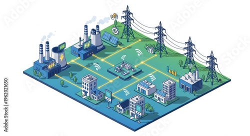 Isometric Illustration of a Smart City with Power Grid.