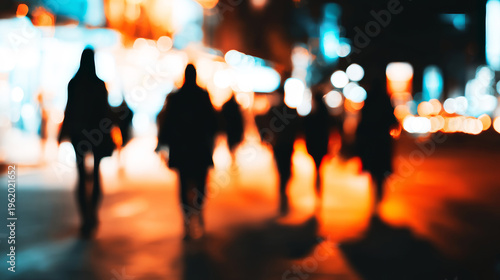 People silhouettes walking along a city street at night, vibrant neon and street lights blurring into a colorful urban bokeh