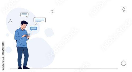 Man texting on phone with chat bubbles, communication concept, modern lifestyle