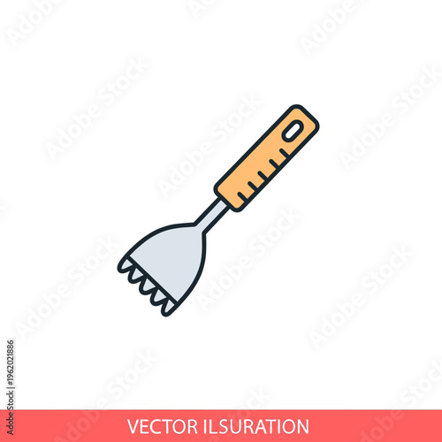 A simple flat illustration of a potato masher with a light brown handle and a grey mashing head with five tines.