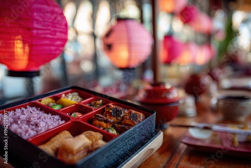 Japanese bento box showcasing various wagashi desserts with colorful lanterns in the background