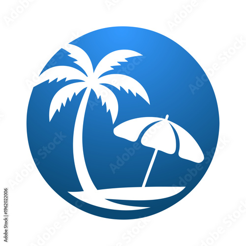 Logo agencia de viajes. Vacaciones de verano. Dibujo sencillo con la silueta de la palma y una sombrilla plantada en la arena de una playa, en círculo