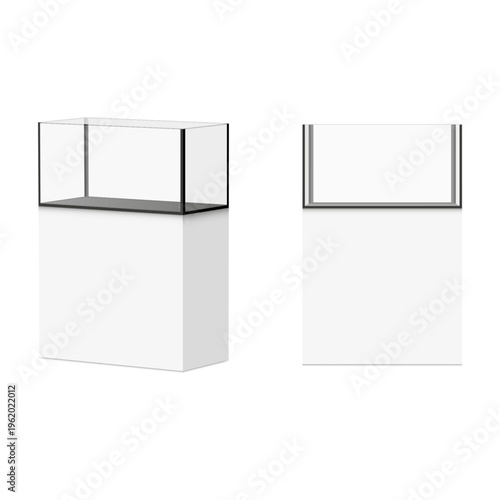 Realistic empty glass display box 3d vector mockup set on a white pedestal isometric and front view for museum exhibits gallery showrooms and retail store displays isolated on white background.