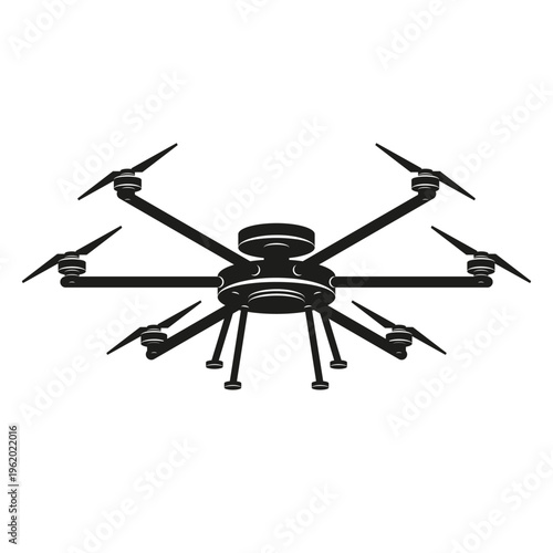 Heavy duty hexacopter drone with six rotors and landing legs black and white silhouette vector multicopter illustration for aerial surveillance delivery services and technological logistics.