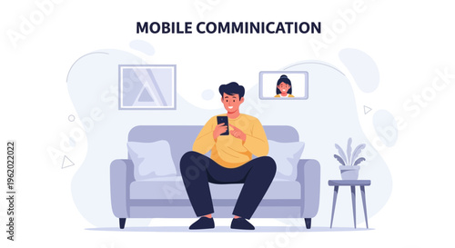 Man Video Calling on Phone Sitting on Sofa, Mobile Communication Concept