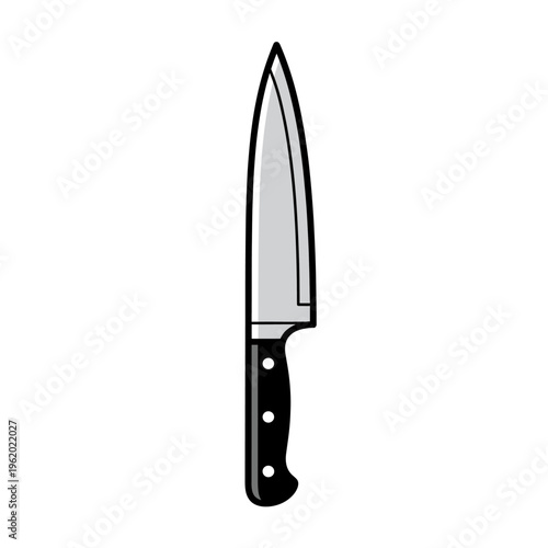 A sharp, pointed chef's knife with a black handle, isolated on a white background.