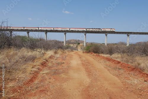 Schilderij op canvas Hochbahn mit Zug in der Savanne von Kenia im Tsavo Nationalpark