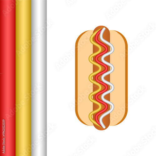 Hot dog vector illustration with ketchup mustard and white stripes sauce for fast food menu design and street food catering advertising poster.