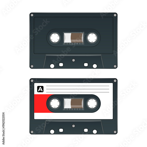 Realistic vintage black audio cassette tape 3d vector mockup set with blank compact cassette and with detailed reels label front view isolated on the white background.